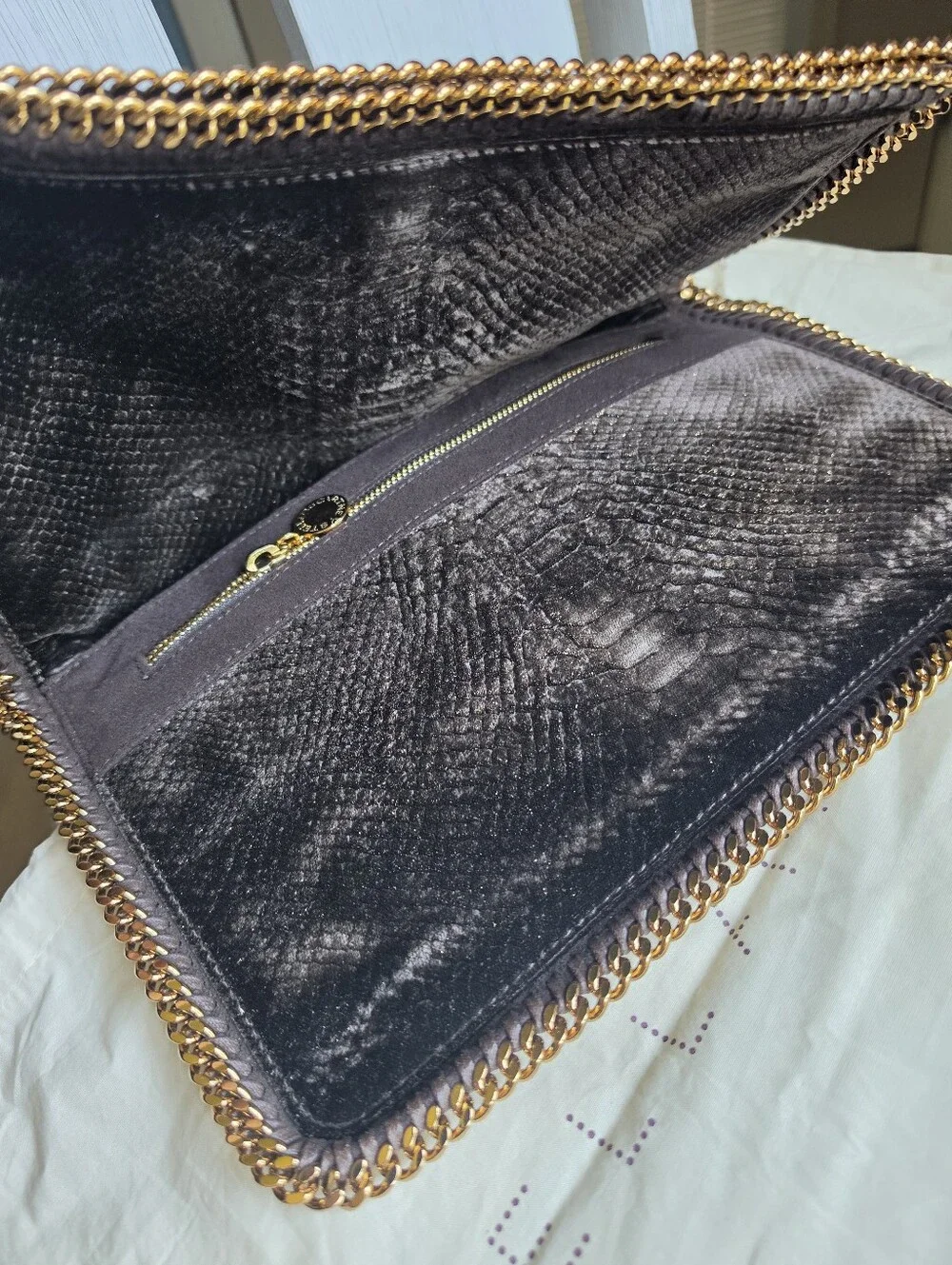Stella McCartney Black Faux-Snake Foldover Chain Clutch with Gold Trim